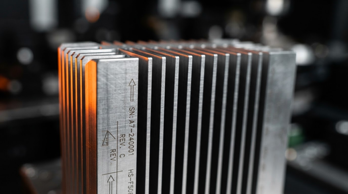 Precision CNC-machined heatsink with laser-etched FINX mark