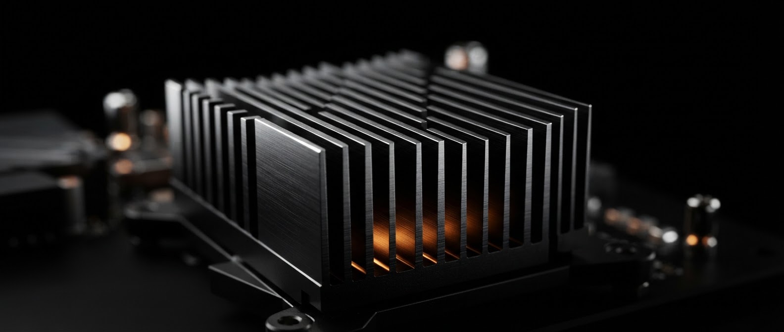 Macro view of a precision-machined aluminium heatsink